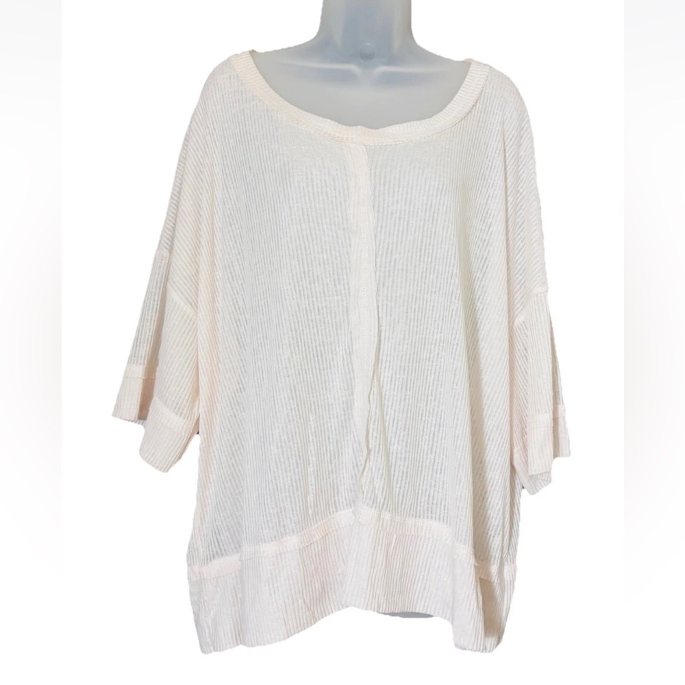 Umgee Women's M Ribbed Boat Neck 3/4 Sleeve Semi Sheer Oversized Top Cream